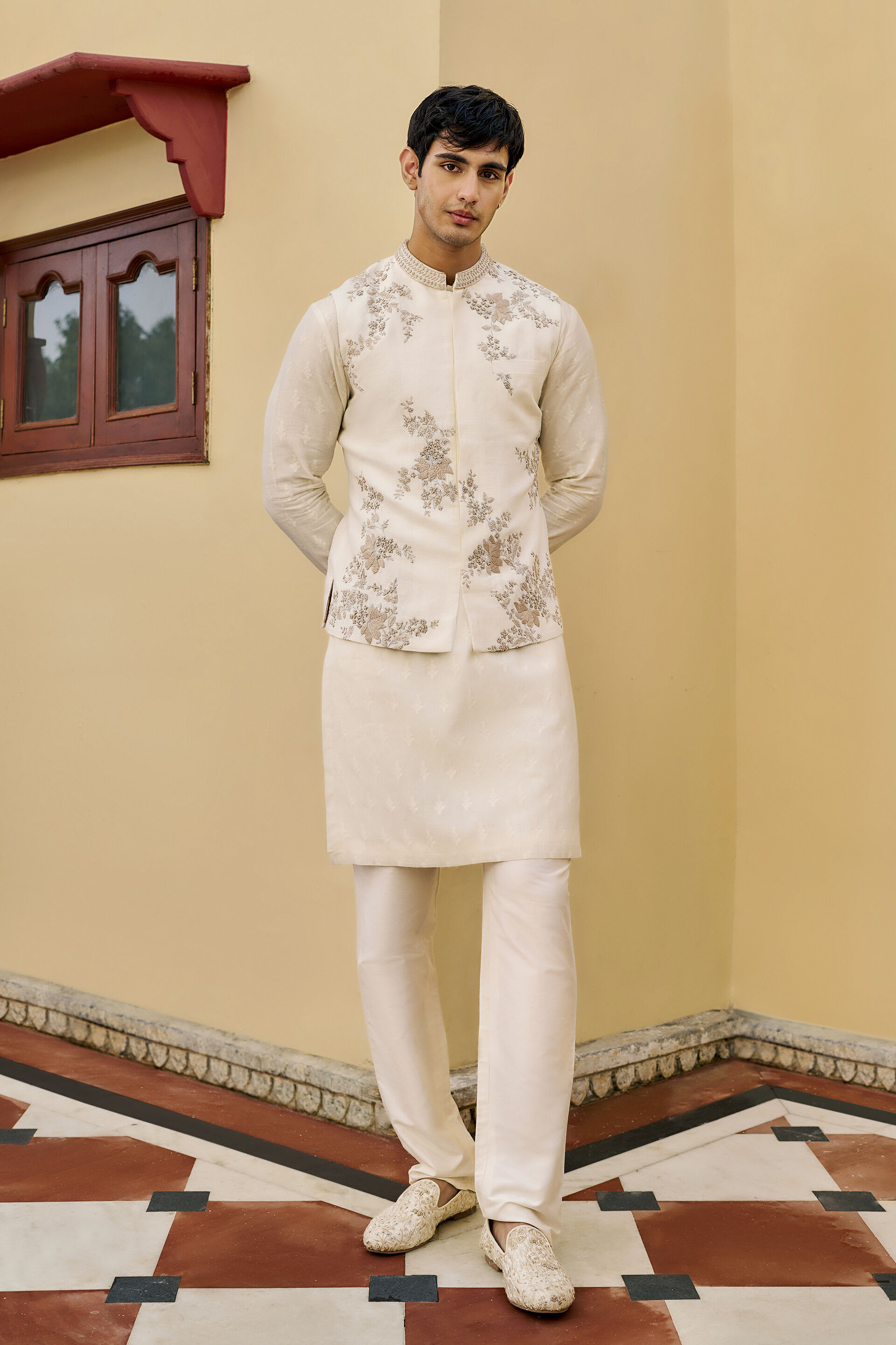 Serenade Hand-embroidered Silk Nehru Jacket - Off White